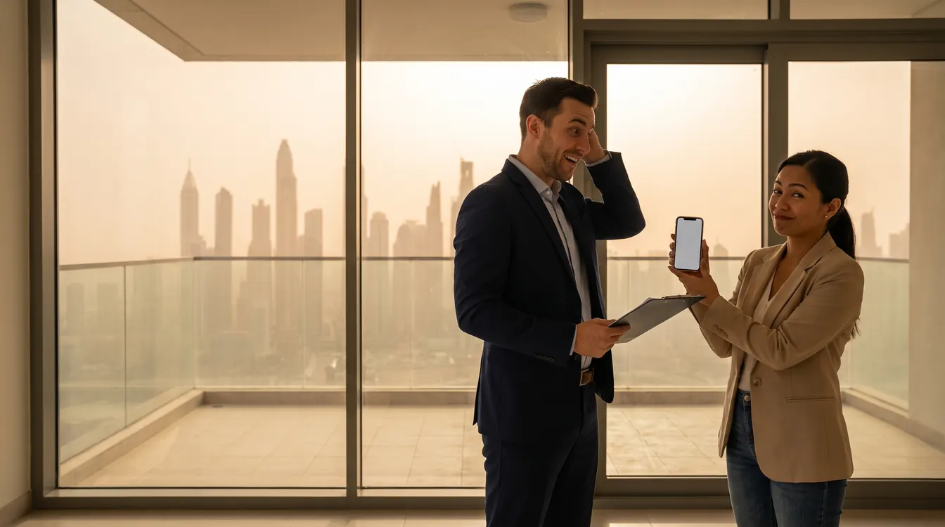 A tenant at a viewing shows the agent a number on her phone
