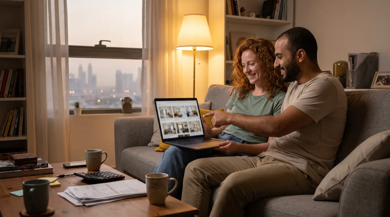 A couple on a sofa compare flats on a laptop
