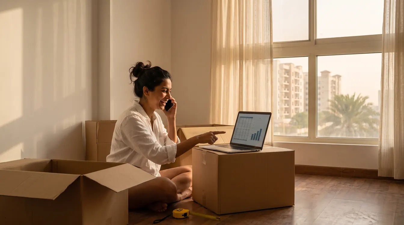 A tenant on the phone beside her laptop in a new flat, moving boxes around her
