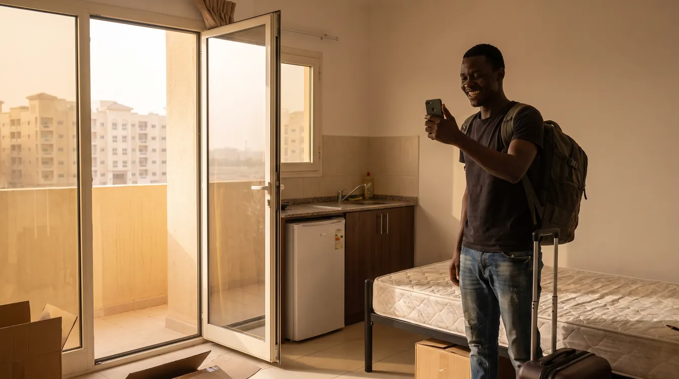 A young tenant in a bright studio flat with one suitcase